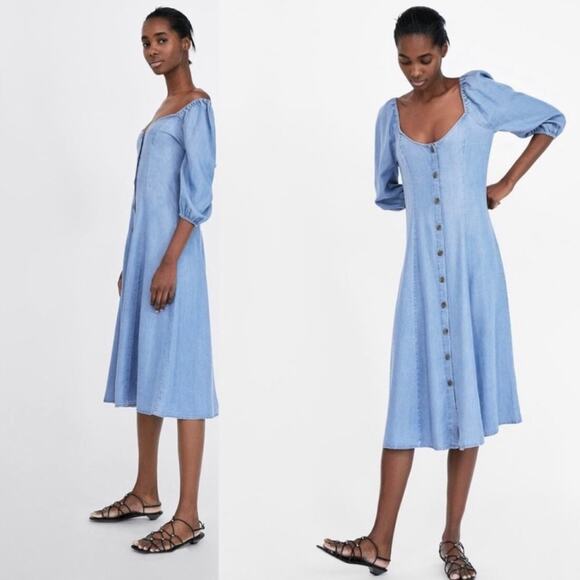 Zara Chambray Midi Dress Puff Sleeves Off-the-Shoulder Blogger’s Favorite Medium - Picture 9 of 9
